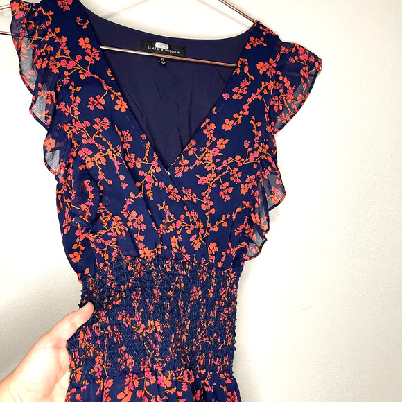 Slate & Willow Navy Smocked Waist Red Orange Printed Florals Dress Size XS - Picture 8 of 15